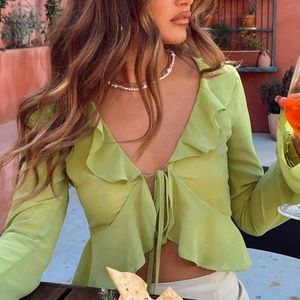 PRINCESS POLLY GYLDA long sleeve green ruffle top w/ties Size 0,Perf Condition